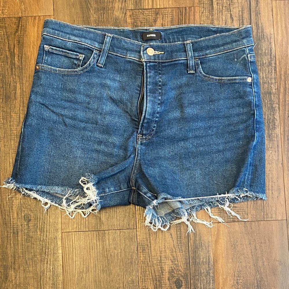 Express Dark Blue Frayed Jean Shorts